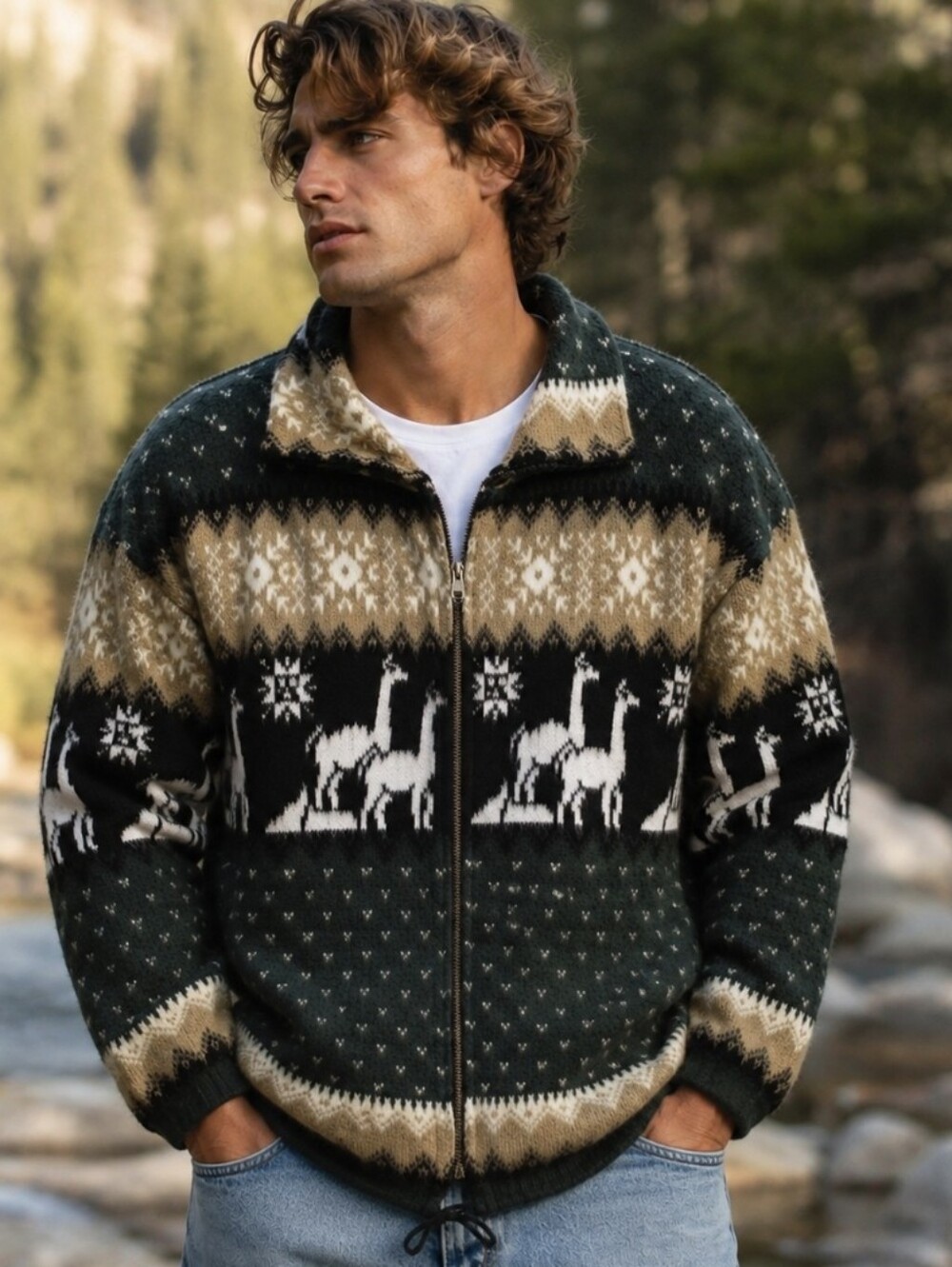 Vtg Yari Artesanias Wool Jacket Zip Sweater Alpaca Llama Fair Isle Green Sz M